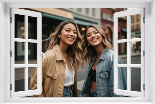 two young women smiling at the street