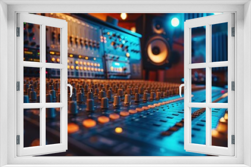 colorful music audio mixing board in closeup of a recording, audio track background in a dark recording, industrial machinery aesthetics, multimedia, selective focus, brightly colored
