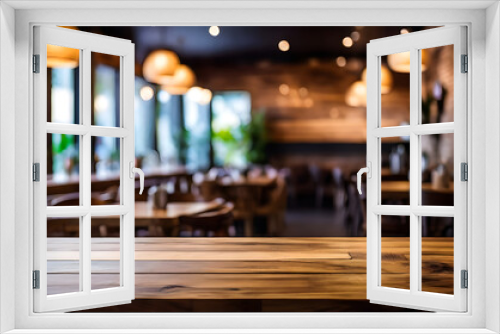 photo wooden table and blurred background of indoor restaurant High quality photo


