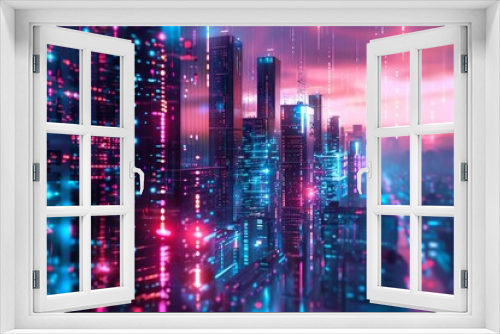 Futuristic cityscape with glowing neon lights, high-rise buildings, and a cyberpunk aesthetic under a vibrant sky.