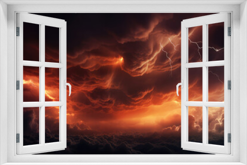 Storm warning - Weather background banner - Amazing lightning storm in orange light and dark clouds on sky, Generative AI