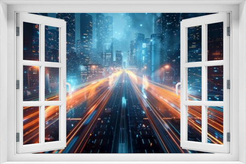 Futuristic cityscape with speed light trails illuminating modern skyscrapers tech-savvy urban scene banner with copy space