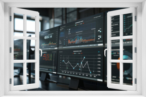 Multiple monitors with detailed analytics and graphs create an immersive environment in a high-tech office, emphasizing the power of data visualization.
