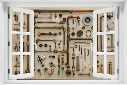 A flat lay of various pipes, clamps and plumbers tools on a light wooden background.