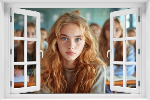 A young woman with long red hair sits in a college classroom and focuses intently