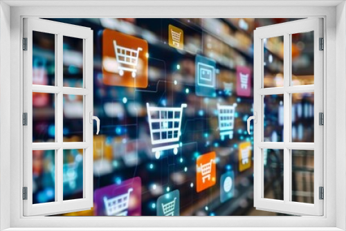This image features multiple shopping cart icons on a digital background, symbolizing electronic commerce, online shopping, and modern retail technology in a vibrant setting.