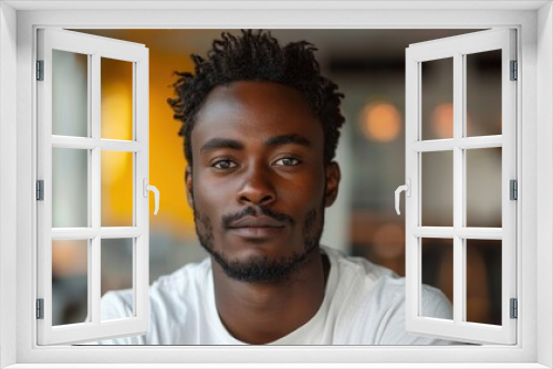 A young man in a white shirt sits calmly inside a cafe, framed by warm lighting and casual decor, exuding a tranquil demeanor and a relaxed, modern style.