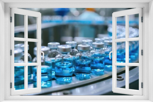 production of medicines and vaccines, a number of glass bottles with medicines on a conveyor belt, blue vials with pharmaceutical products