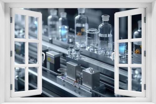 Detailed view of an HPLC system in operation, showing the components and flow of chemicals through the machine. Illustration, Minimalism,