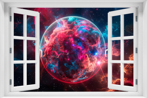 3D Spectacular cosmic cloud explosion within transparent sphere with red background. Nebula and stars in space concept with purple neon. Abstract wallpaper and creative design, AI Generative.