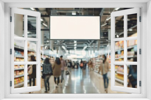 Photo of a blank billboard hanging in the center of an empty supermarket, with blurred people walking around and shelves filled with products.
