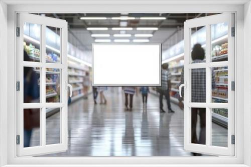 Photo of a blank billboard hanging in the center of an empty supermarket, with blurred people walking around and shelves filled with products.