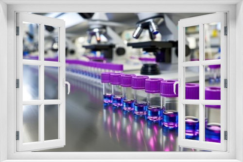 Close-up of laboratory test tubes with purple caps and liquid samples, with rows of microscopes in the background, in a modern scientific lab.