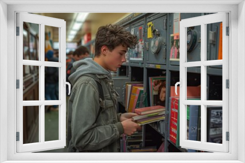 A student organizes their locker, arranging textbooks and notebooks by color, wearing a casual jacket, the hallway bustling with students greeting each other, lockers decorated wit