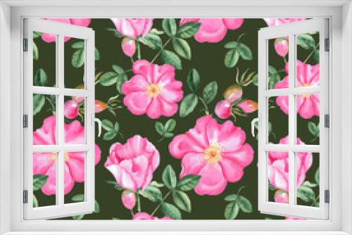 Fototapeta Naklejka Na Ścianę Okno 3D - Dog rose Floral Watercolor seamless pattern on dark green background. Hand drawn botanical illustration. Rose hip flowers, buds, branches and berries. Can be used for fabric, textile, packaging prints