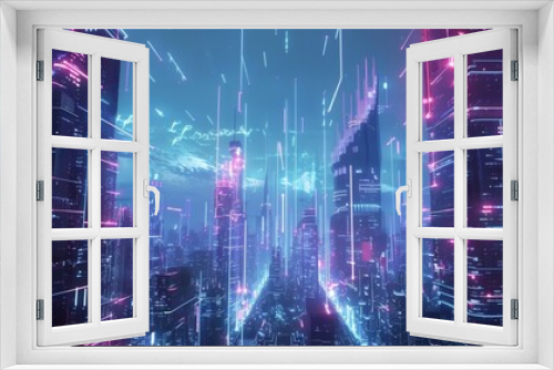 A futuristic city skyline is outlined with streams of blue and pink light as information flows seamlessly between buildings and devices.