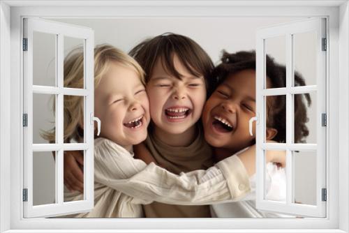 The image shows five children smiling brightly at the camera. The group is diverse, featuring children of different ethnic backgrounds, emphasizing multiculturalism, multiracial harmony, and unity.