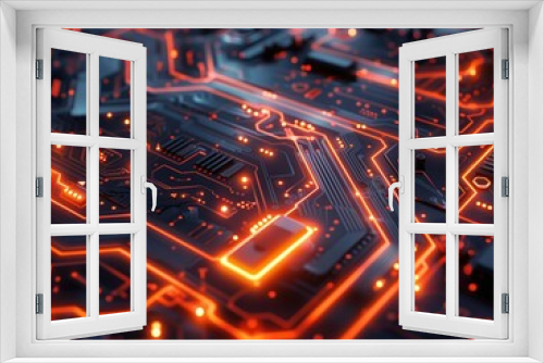 Futuristic Red and Blue Glowing Circuit Board Close-up Technology Background