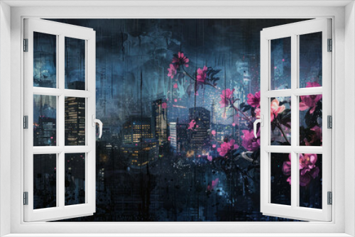 City lights paint a silhouette against the dark sky, creating an abstract collage of nature and urban landscapes. Flowers bloom in the night, adding a touch of fantasy to the unreal city below.