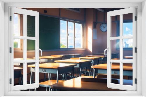 High School Classroom: Desks, chalkboard, large windows with a view of the schoolyard, and a clock on the wall. Perfect for everyday school life, interactions, and coming-of-age stories.