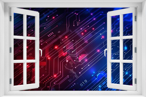 Futuristic circuit board with glowing dots in red and blue. High-tech digital design perfect for technology and innovation themes. Ideal for backgrounds, presentations, graphics, and more. AI