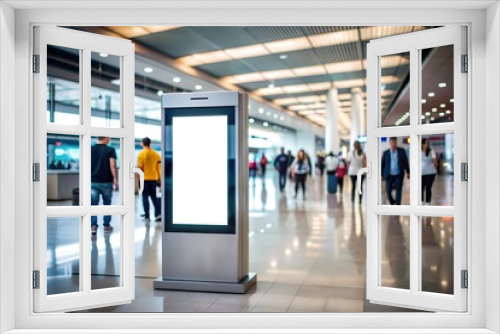 Blank smart kiosk mockup standing in a busy airport, blurred people. Empty template of touch screen in modern hallway