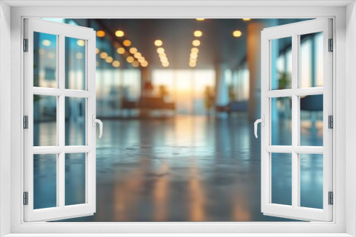 Blurred modern office interior with large windows and polished concrete floors, showcasing an open and spacious work environment