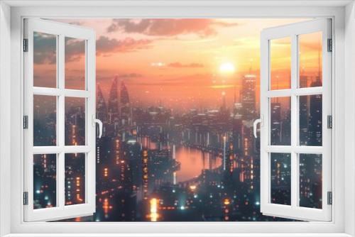 Twilight over a futuristic metropolis with glowing buildings, Warm hues, Futuristic, 3D rendering, Tranquil