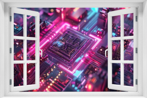 Futuristic neon cityscape with glowing circuit board elements, representing advanced technology and digital innovation.