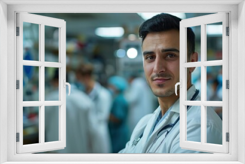 without headdress, Saudi male doctor in a white coat with a stethoscope, looking at the camera and smiling at the lens, with a busy hospital background blurred out