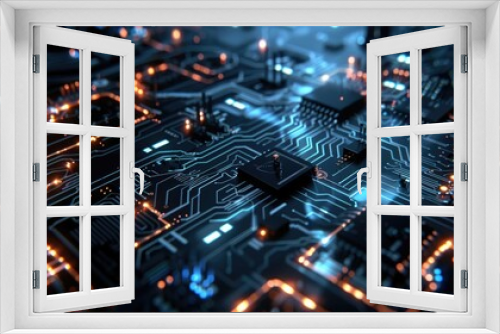 Circuit board and its elements, concept of artificial intelligence, virtual reality, code writing, data programming, technology and innovation