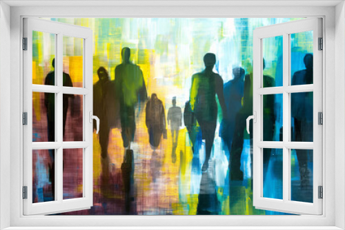 Colorful abstract city scene with silhouettes of people walking.