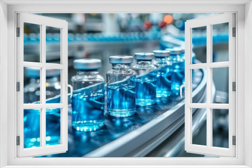Rows of blue-filled vials in a sterile pharmaceutical plant, conveyor belt transporting them for packaging, advanced manufacturing technology, cleanroom environment
