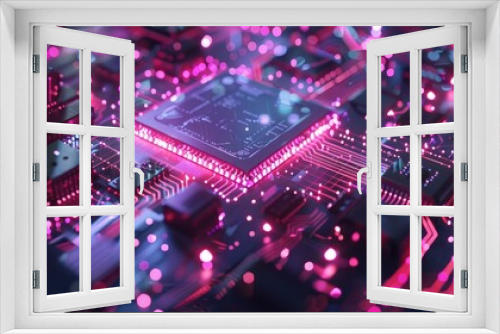 Closeup of a glowing pink CPU chip on a circuit board. Concept of technology, computing, AI, and the future.
