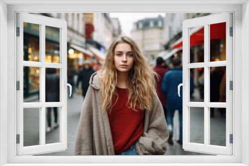 A woman with long hair stands in front of a store with a red awning