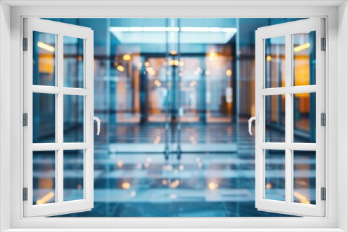 A blurred view of a sleek, modern glass office entrance with automatic sliding doors