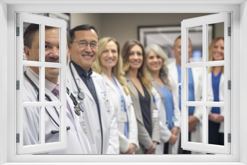 A team of doctors in white coats standing together in a hospital