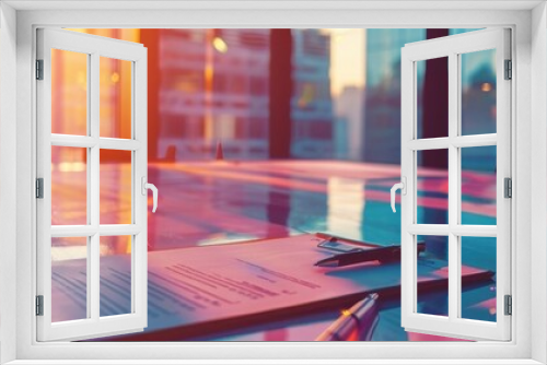 Employment application, empty desk, close up, focus on, copy space, vibrant colors, Double exposure silhouette with empty office scene