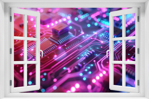 Futuristic digital concept showcasing innovation and connectivity with a blue and purple technology circuit board background featuring glowing electronic components.
