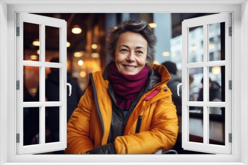 Portrait of a jovial woman in her 50s wearing a windproof softshell over bustling city cafe