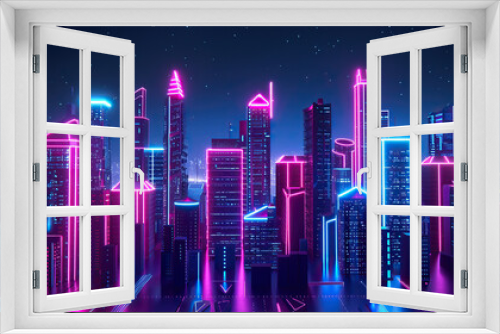 3D cartoon neon cityscape at night on isolate