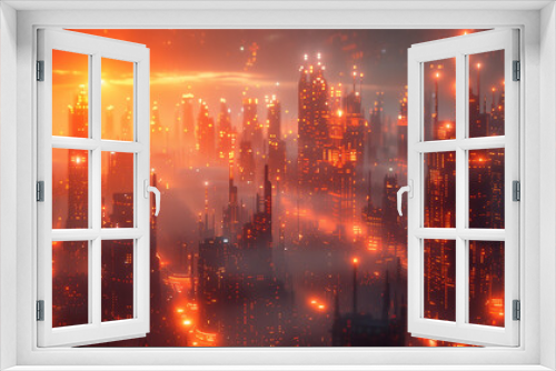 Futuristic city with neon lights illuminated by the orange light of a sunset.