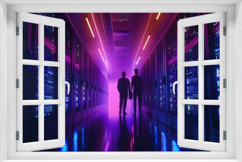 Two businessmen in suits walk down a long futuristic server room aisle illuminated with pink and blue neon lights.