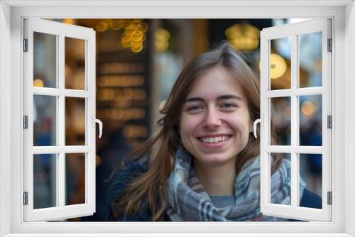 A young woman with a big smile, standing on a busy street, exuding joy and warmth amidst city lights.