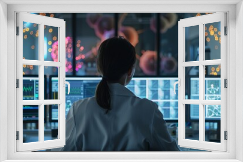 Research scientist sits at her desk, analyzing data and conducting experiments on multi computer screens.