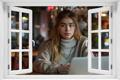 A young professional working on a laptop in a stylish cafe Photography