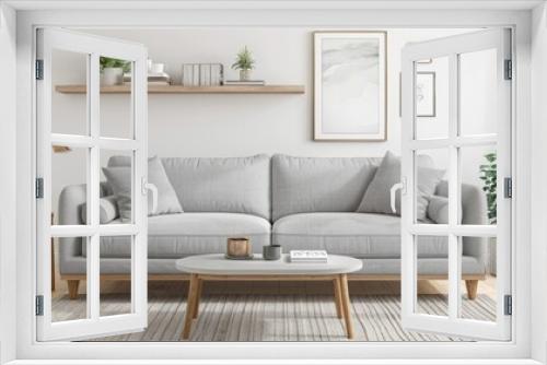 A modern grey sectional sofa with chaise lounge. Positioned in front of a window with natural light. Wooden coffee table in front, large houseplant in the corner