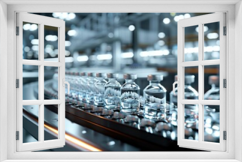 pharmaceutical plant with modern medical tube production line, glass vials on a conveyor belt, efficient drug manufacturing