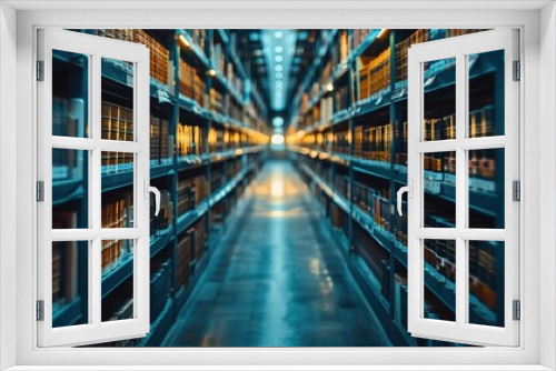 Modern Library Background: Close-Up View of Bookshelves and Sunlit Atmosphere