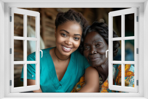 Tender Embrace: Compassionate Black-skinned Nurse Girl Hugging Her Granma with Affection and Care in a Heartwarming Moment of Generational Love and Support.